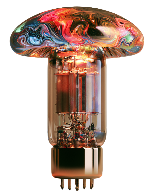 An illustrated vacuum tube with a swirling, iridescent glass top